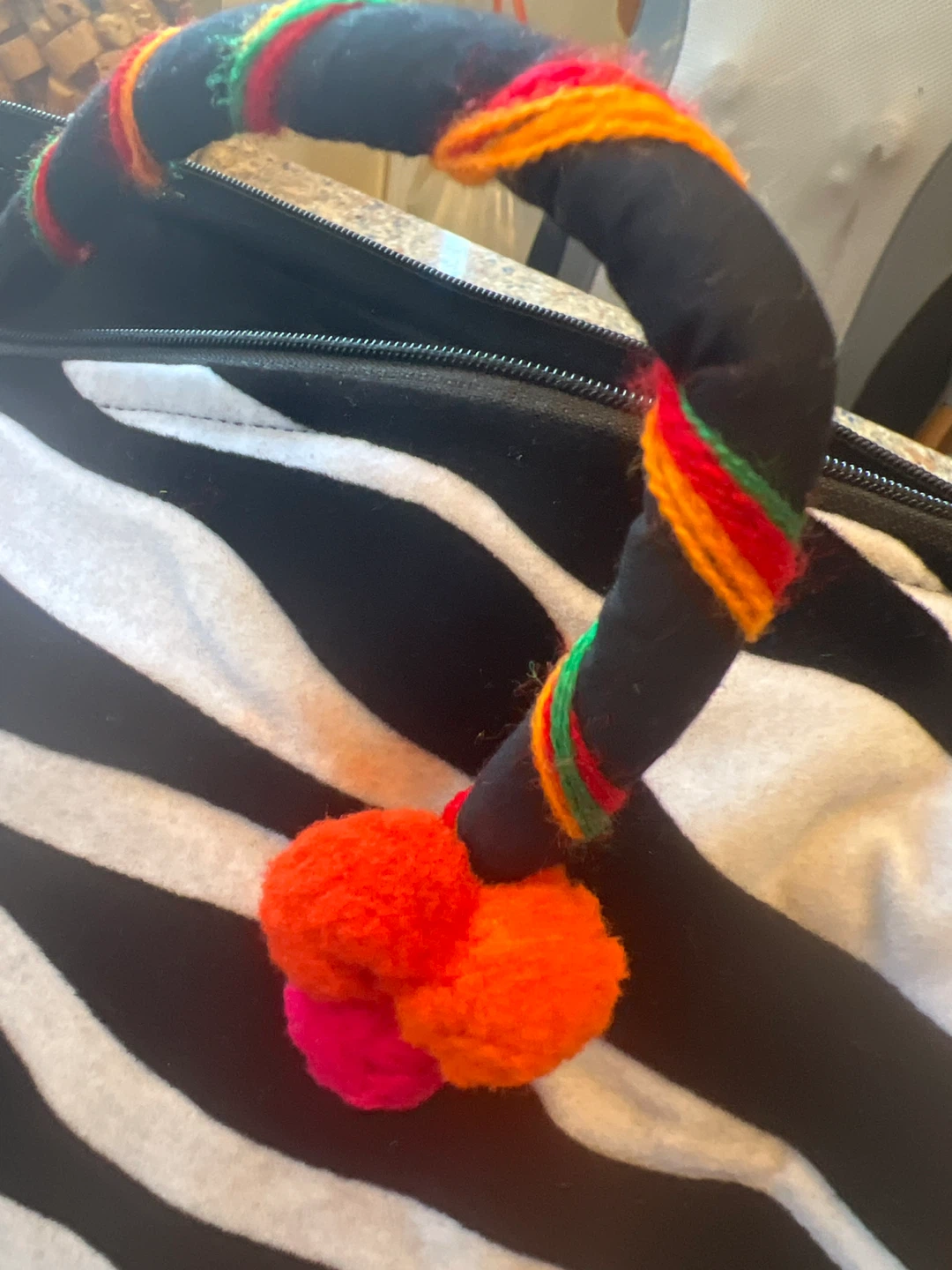 Hand embroidery Zebra Print Duffle Bag with Pom Poms - photo 5