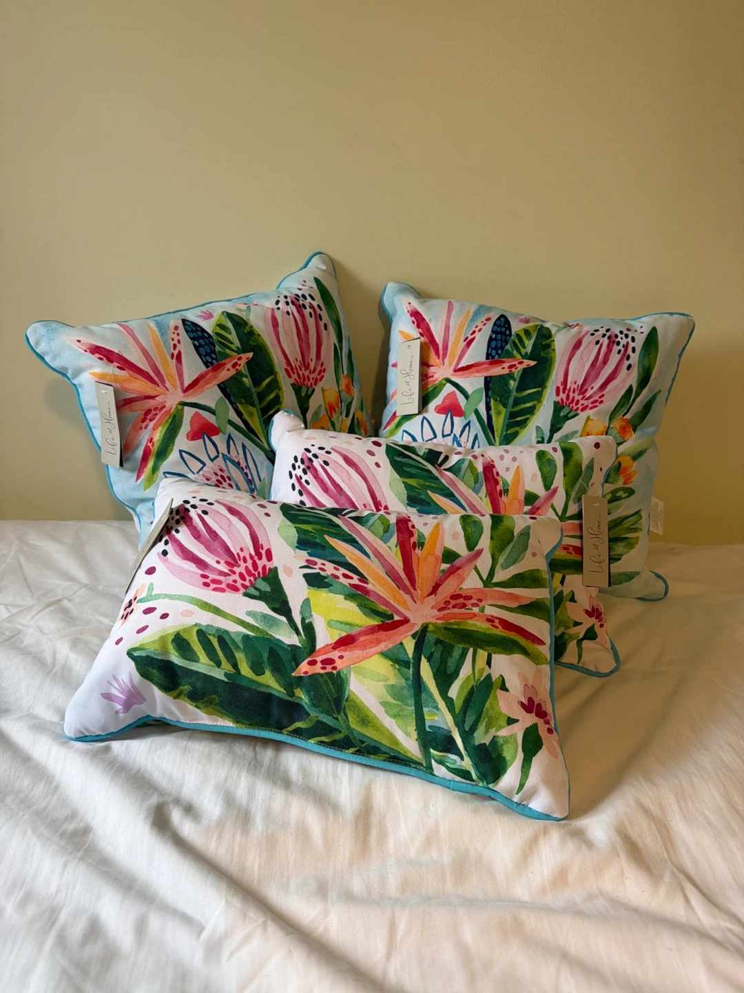 New Patio Cushions and Tropical Floral Lumbar Pillows