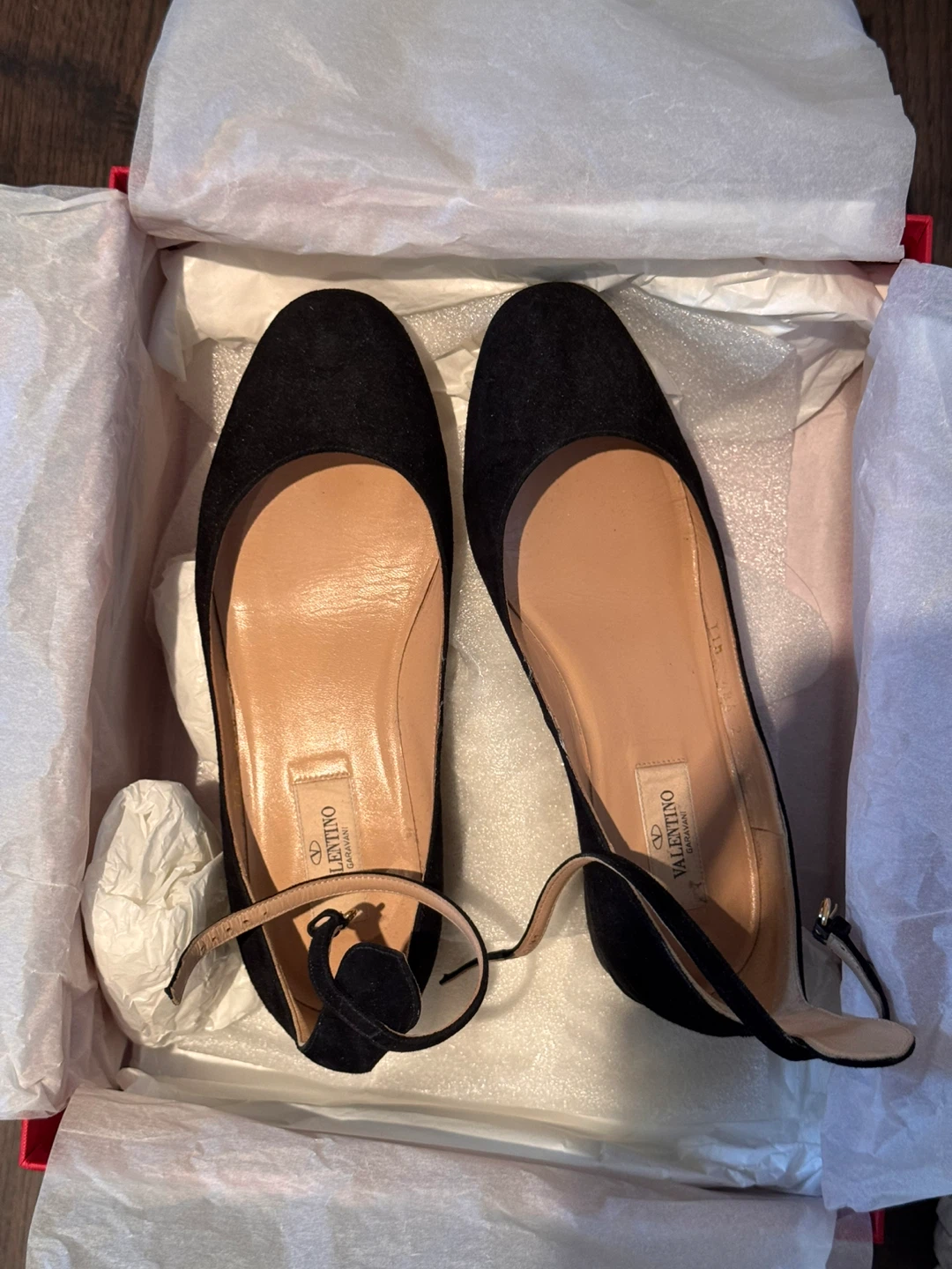 Valentino Garavani Black Suede Ankle Strap Flats