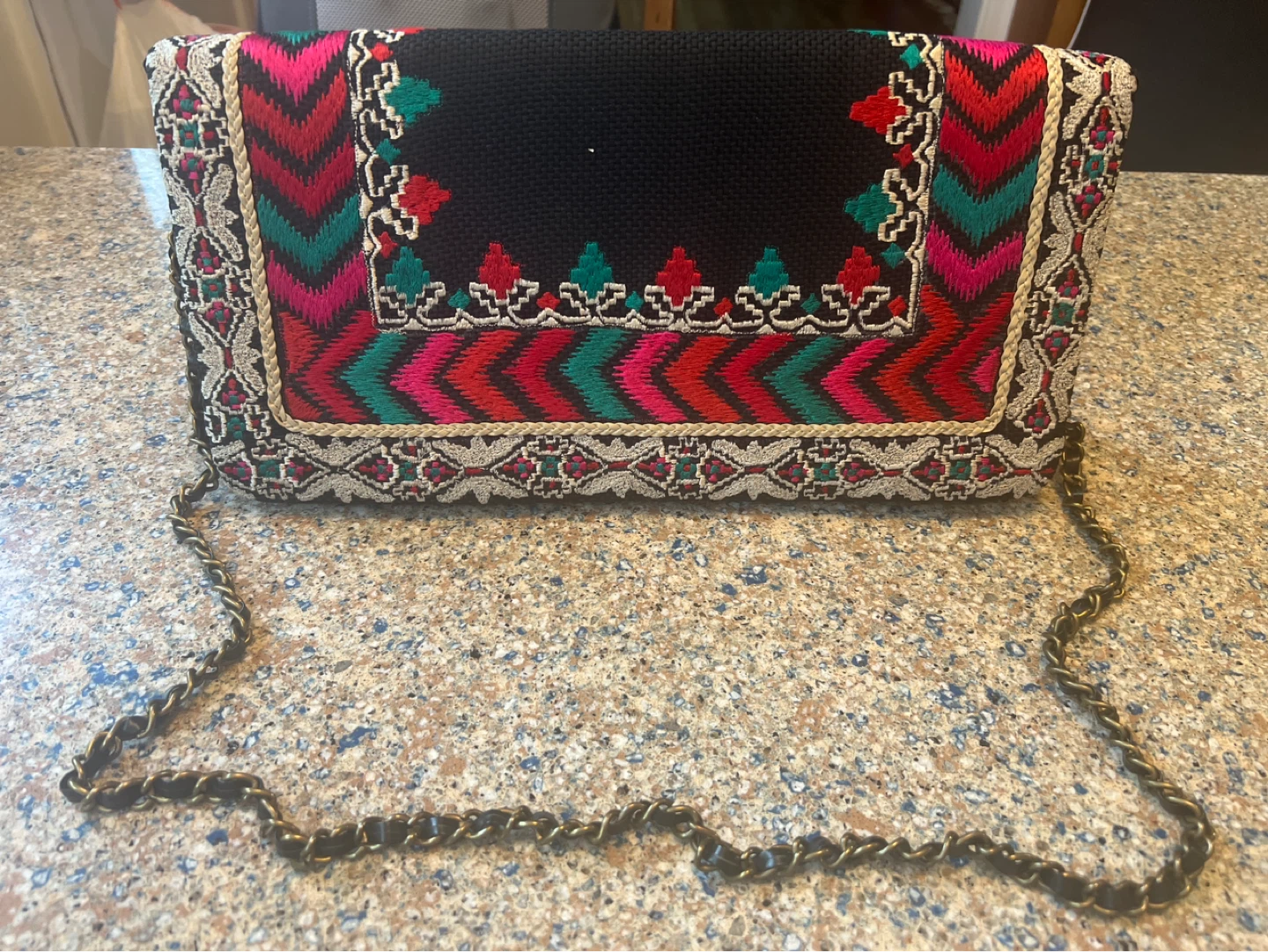 Embroidered Clutch Purse with Chain Strap