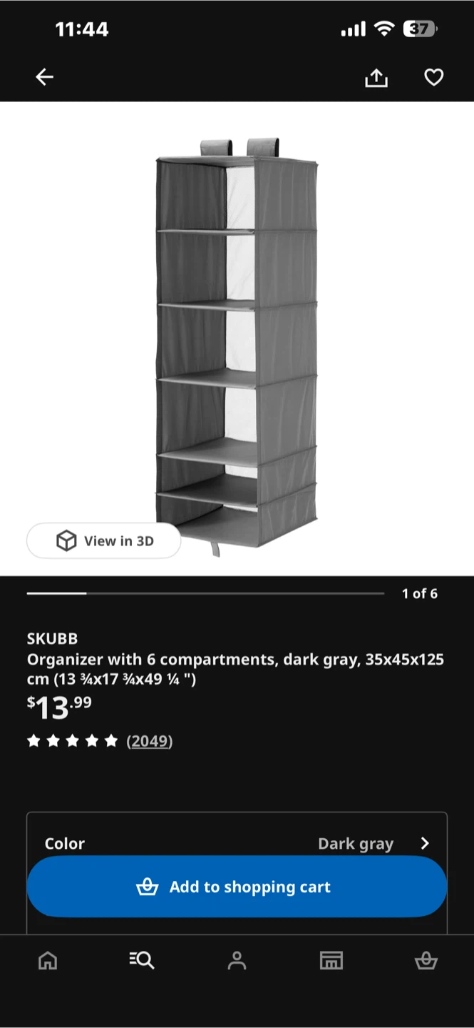 IKEA SKUBB Organizer with 6 Compartments - Dark Gray
