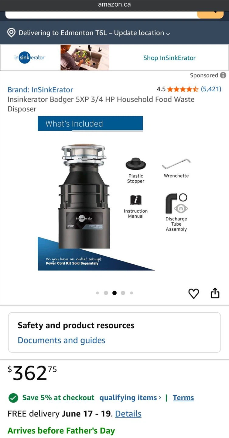 InSinkErator Badger 5XP Food Waste Disposer 3/4 HP
