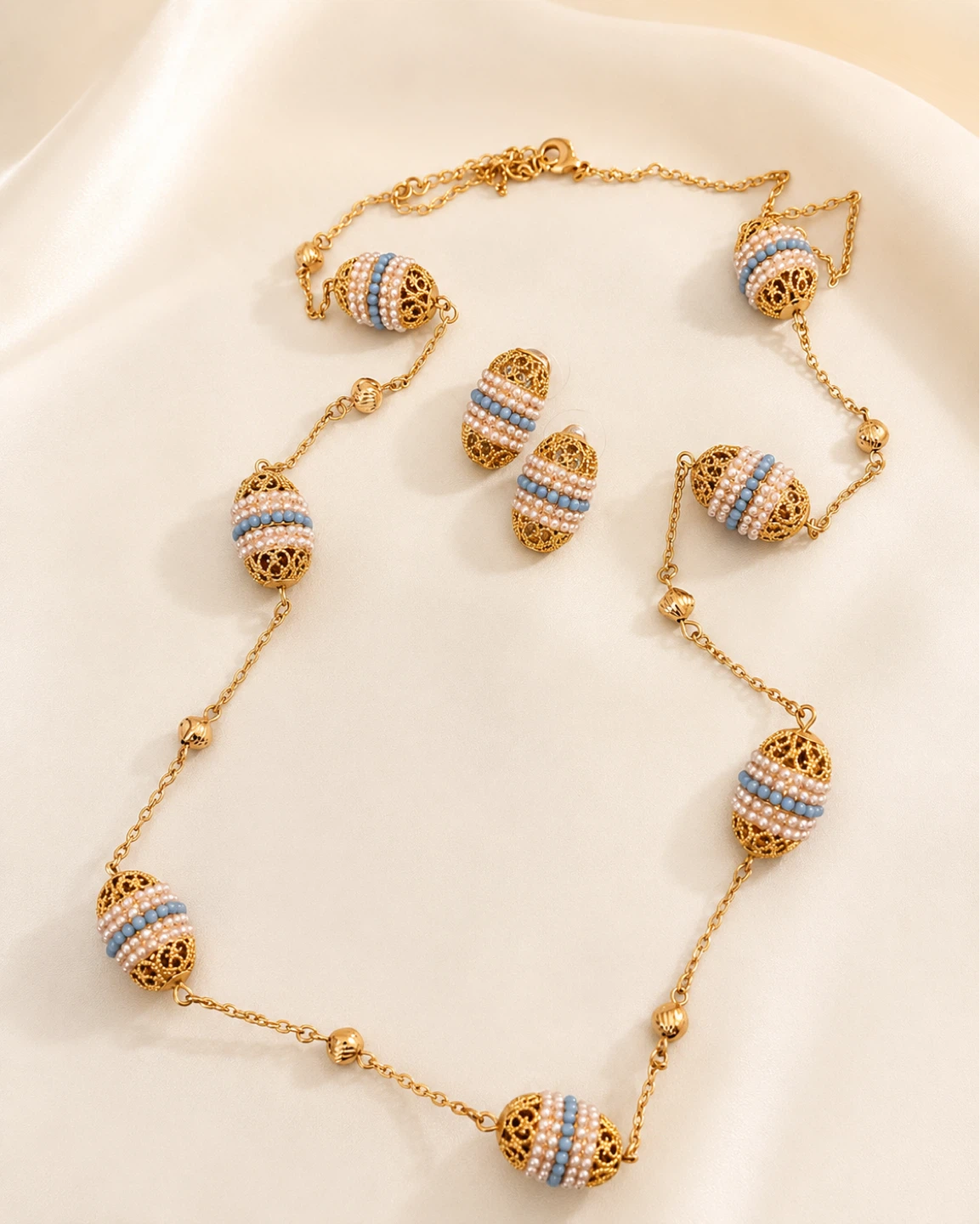 Gold-tone Necklace and Earring Set with Blue and Pearl Beads