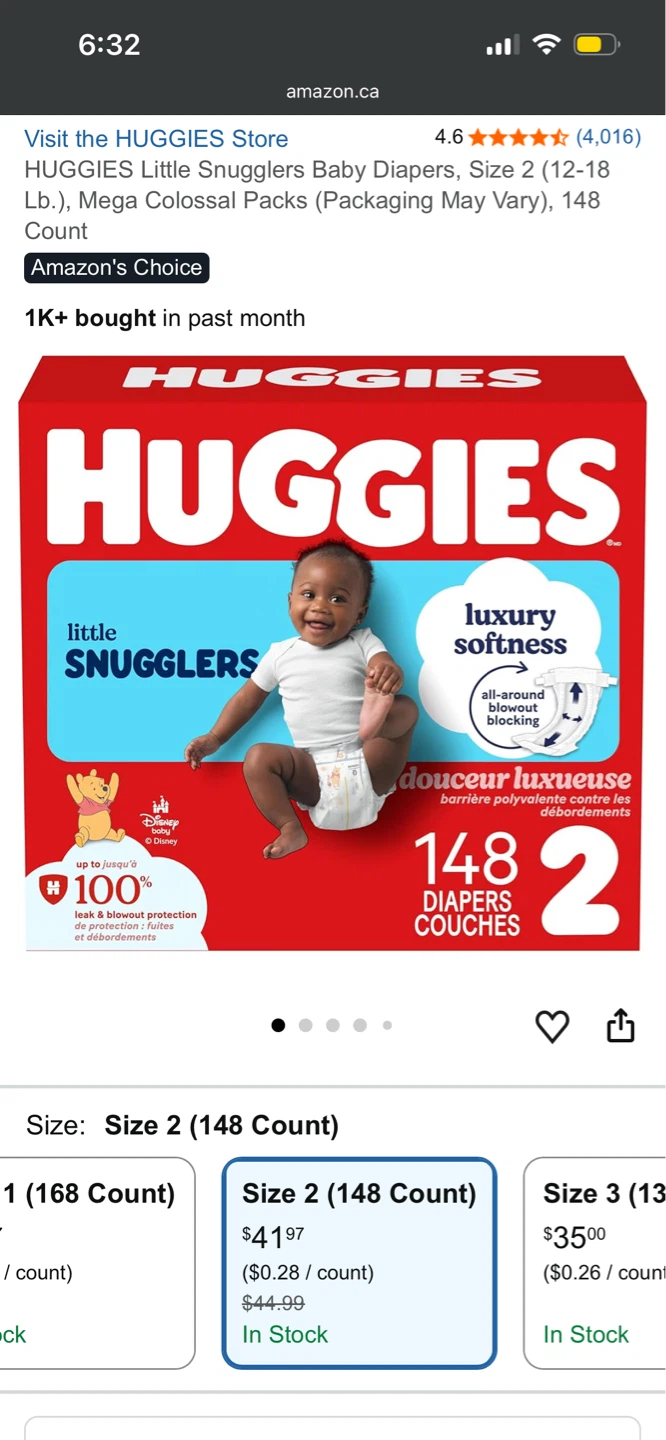 Huggies Little Snugglers Baby Diapers Size 2 - 148 Count