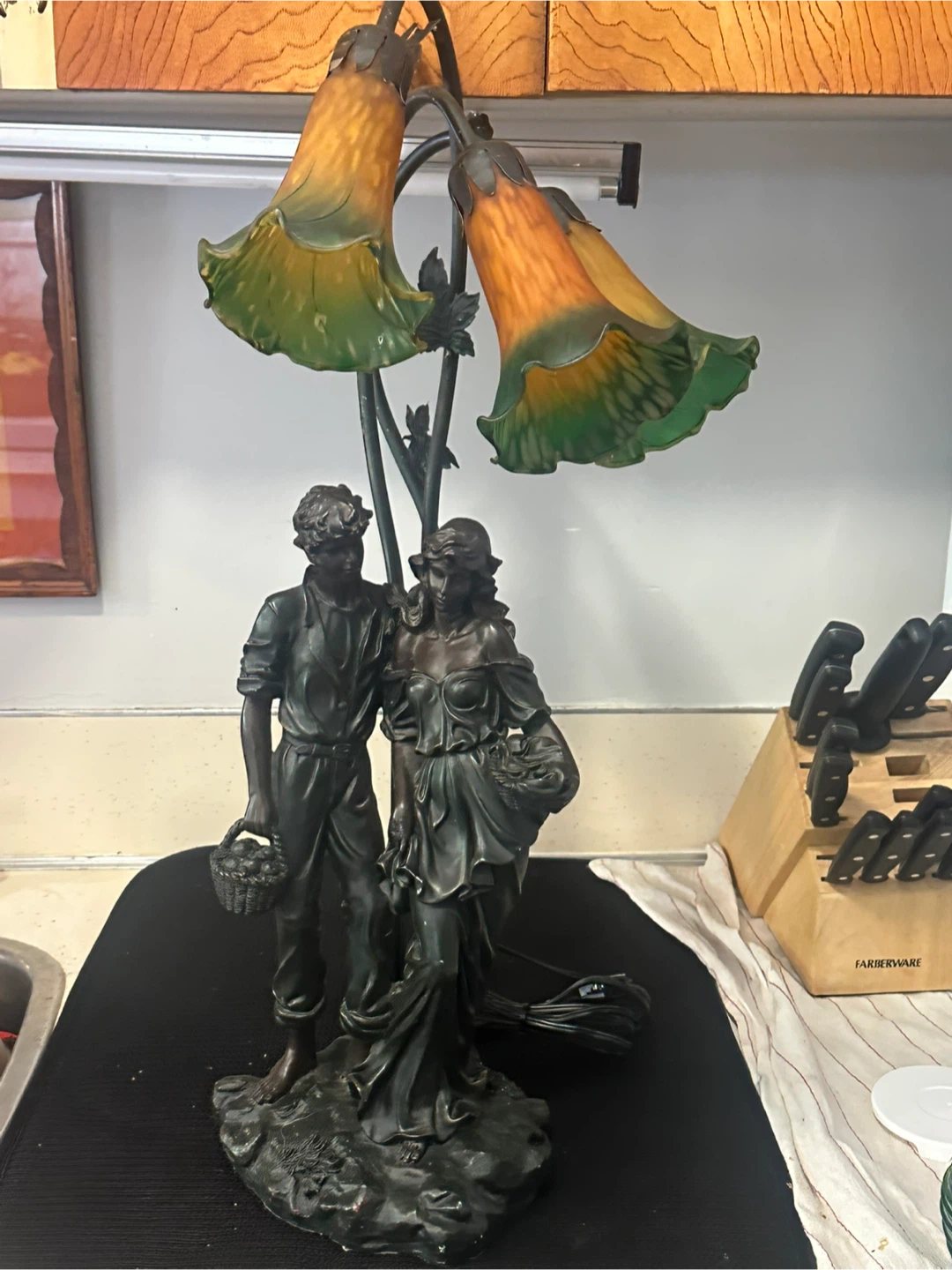 Vintage Art Nouveau Style 3-Light Lily Figural Table Lamp