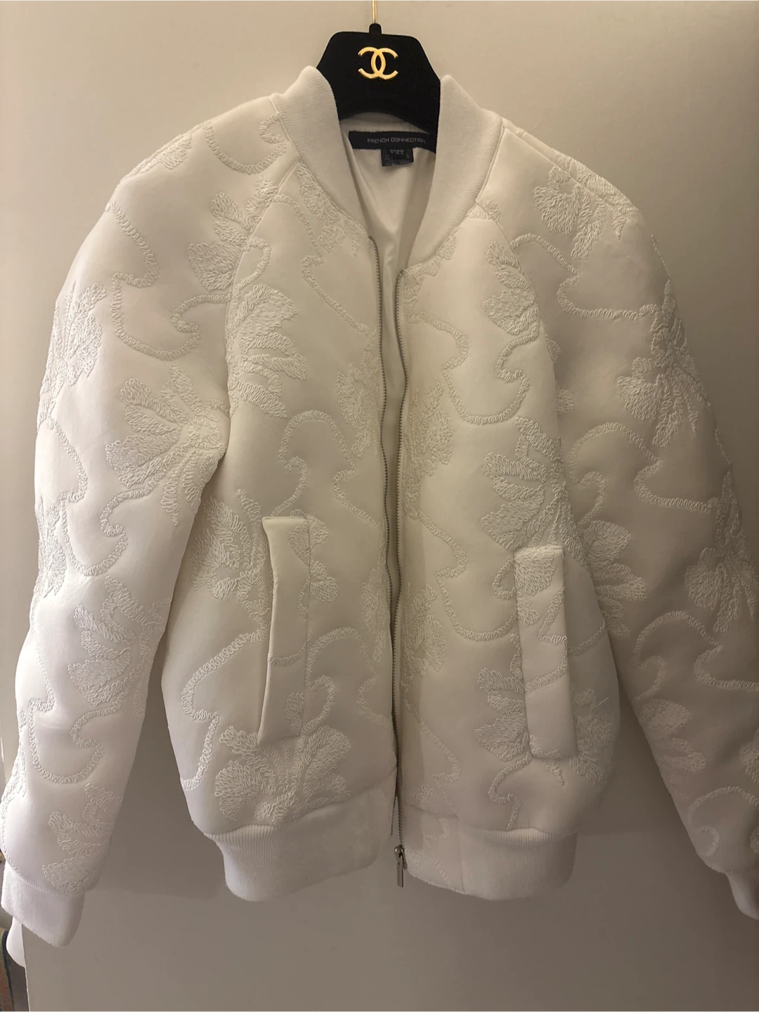 French Connection White Embroidered Bomber Jacket