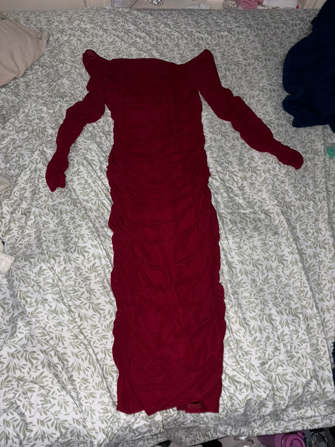 Red Ruched Off-Shoulder Long Sleeve Dress