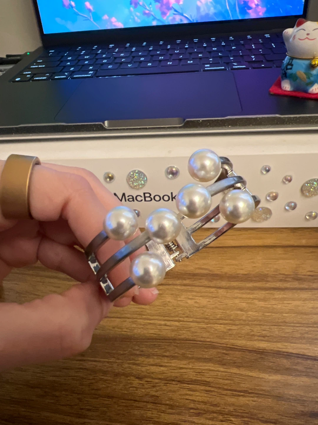 Silver-tone cuff bracelet with faux pearls