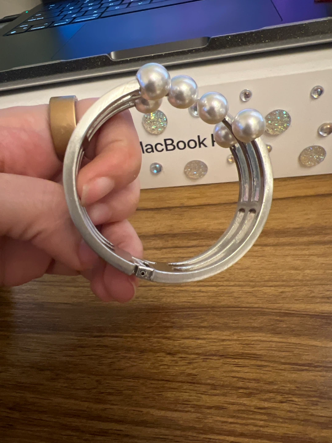 Silver-tone cuff bracelet with faux pearls - photo 2