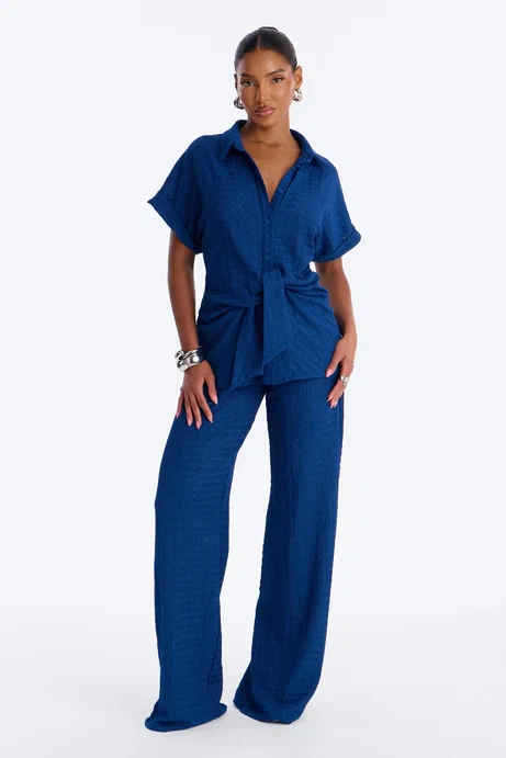 Blue Textured Shirt and Pants Set