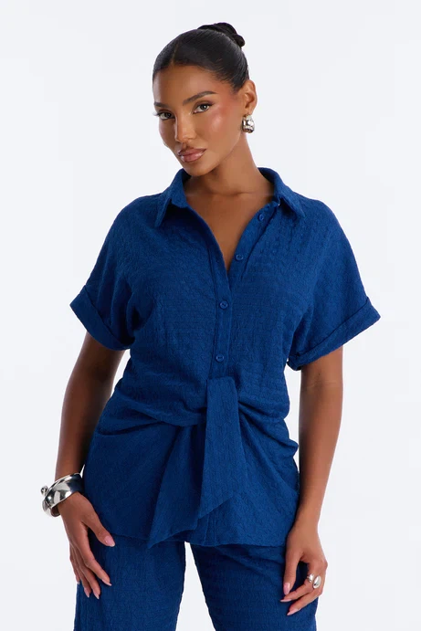 Blue Textured Shirt and Pants Set - photo 2