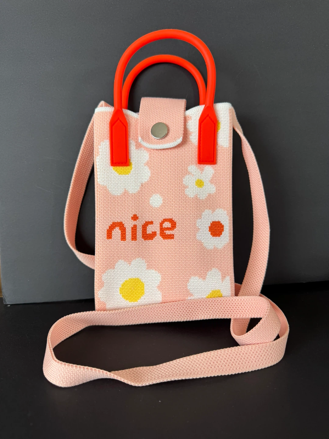 Pink 'nice' Floral Phone Pouch Bag with Orange Handles