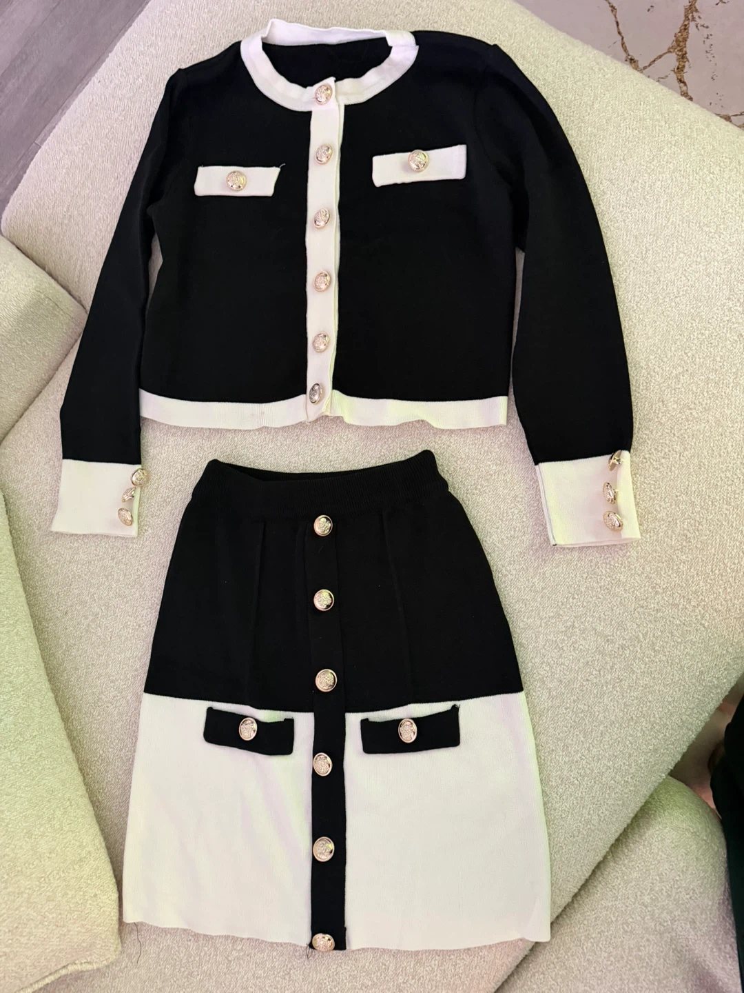 Black and White Knit Cardigan and Skirt Set