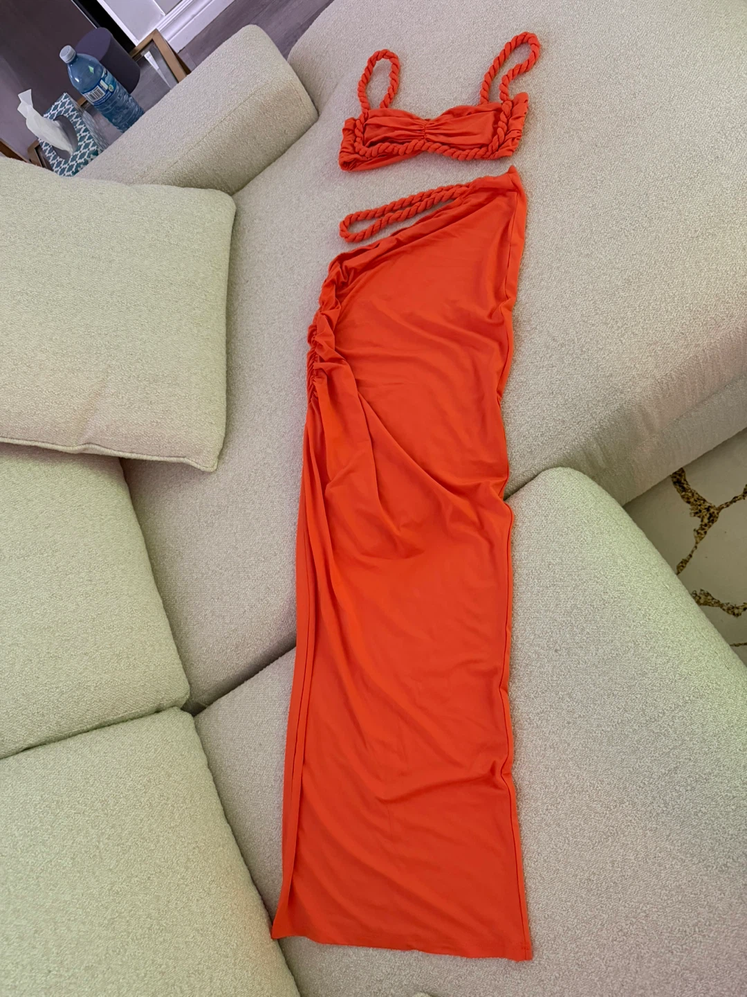 Orange Ruched Maxi Dress and Bikini Top Set