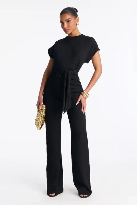 Black Textured Wrap Jumpsuit