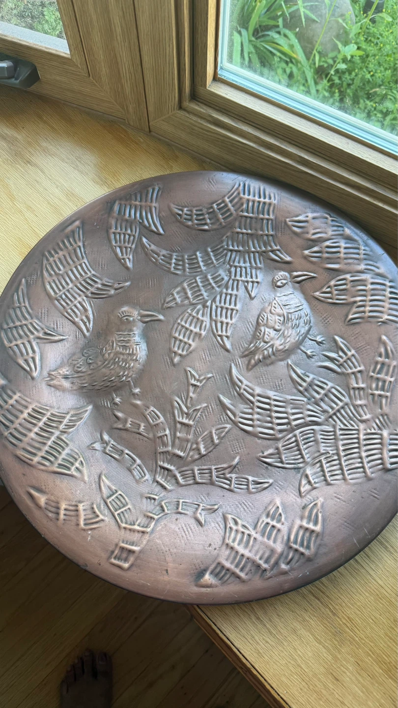 Copper Embossed Plate with Birds hanging wall or bird feeder