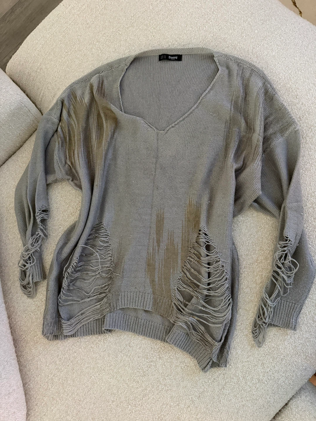 Grey Distressed Knit V-Neck Sweater