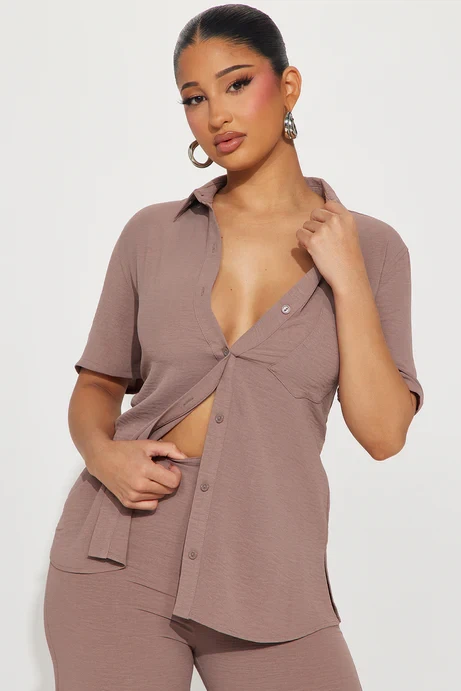 Short Sleeve Collared Shirt and Wide Leg Pants Set
