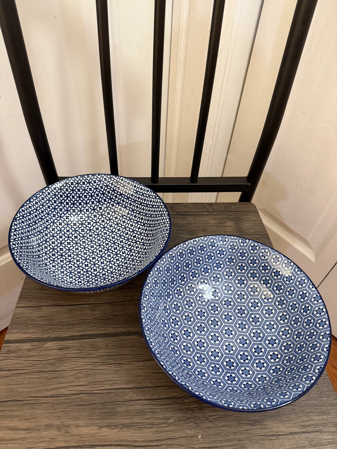 Set of 2 Blue and White Patterned Ceramic Bowls