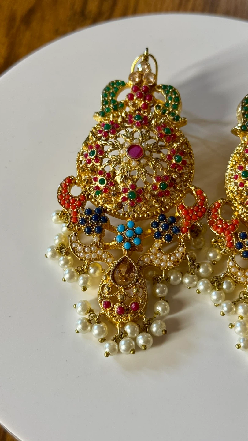 Gold Dangle Earrings with Pearls and Gems - photo 2