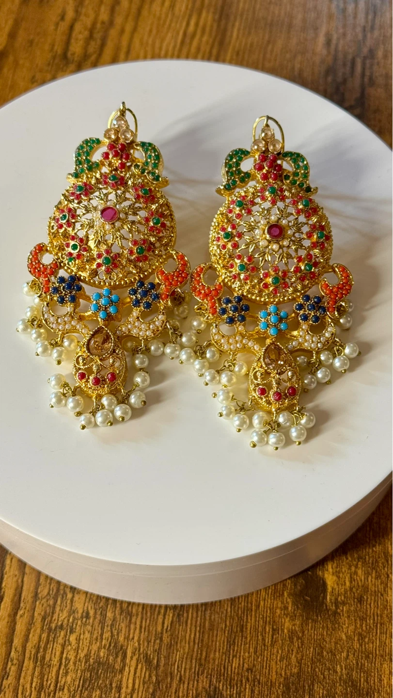 Gold Dangle Earrings with Pearls and Gems