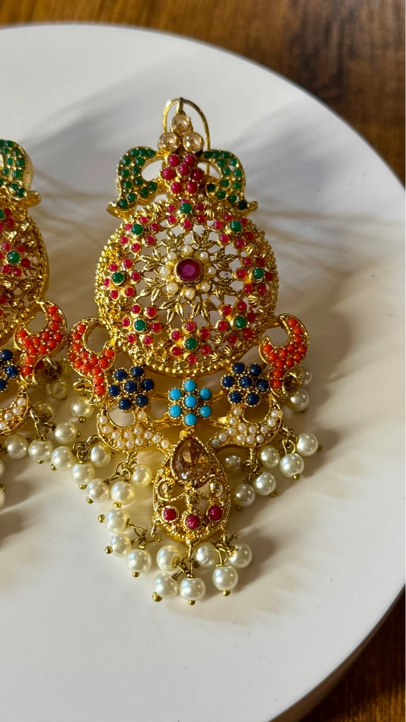 Gold Dangle Earrings with Pearls and Gems - photo 3