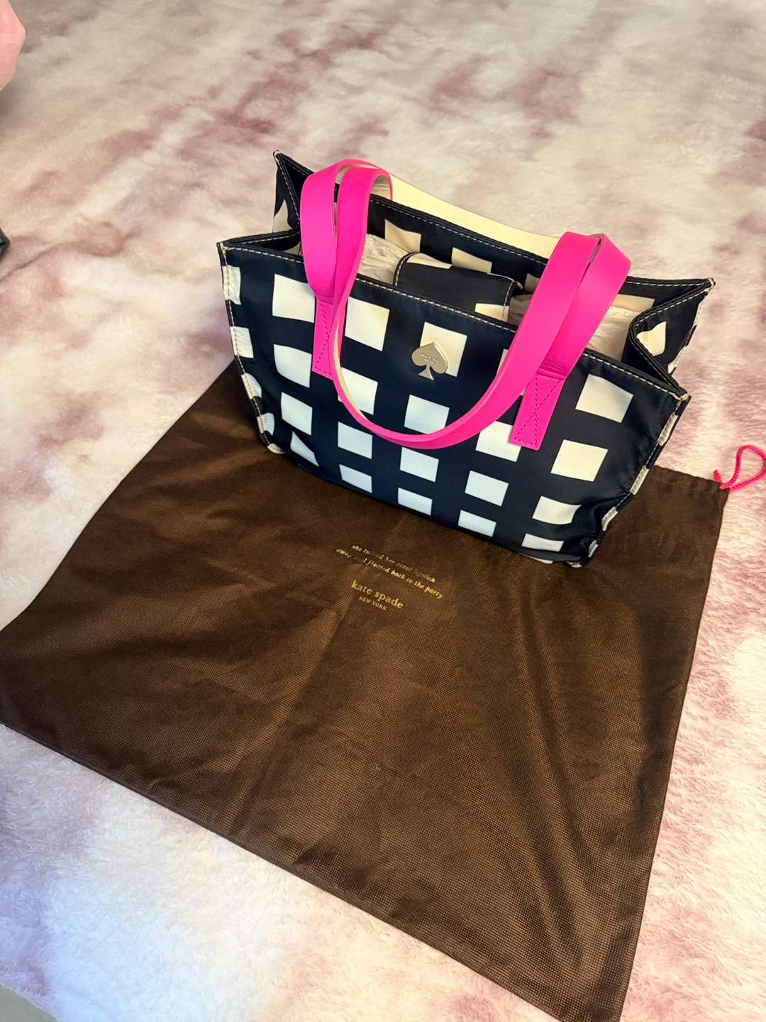 Kate Spade Tote Bag Black White Plaid Pink Handles
