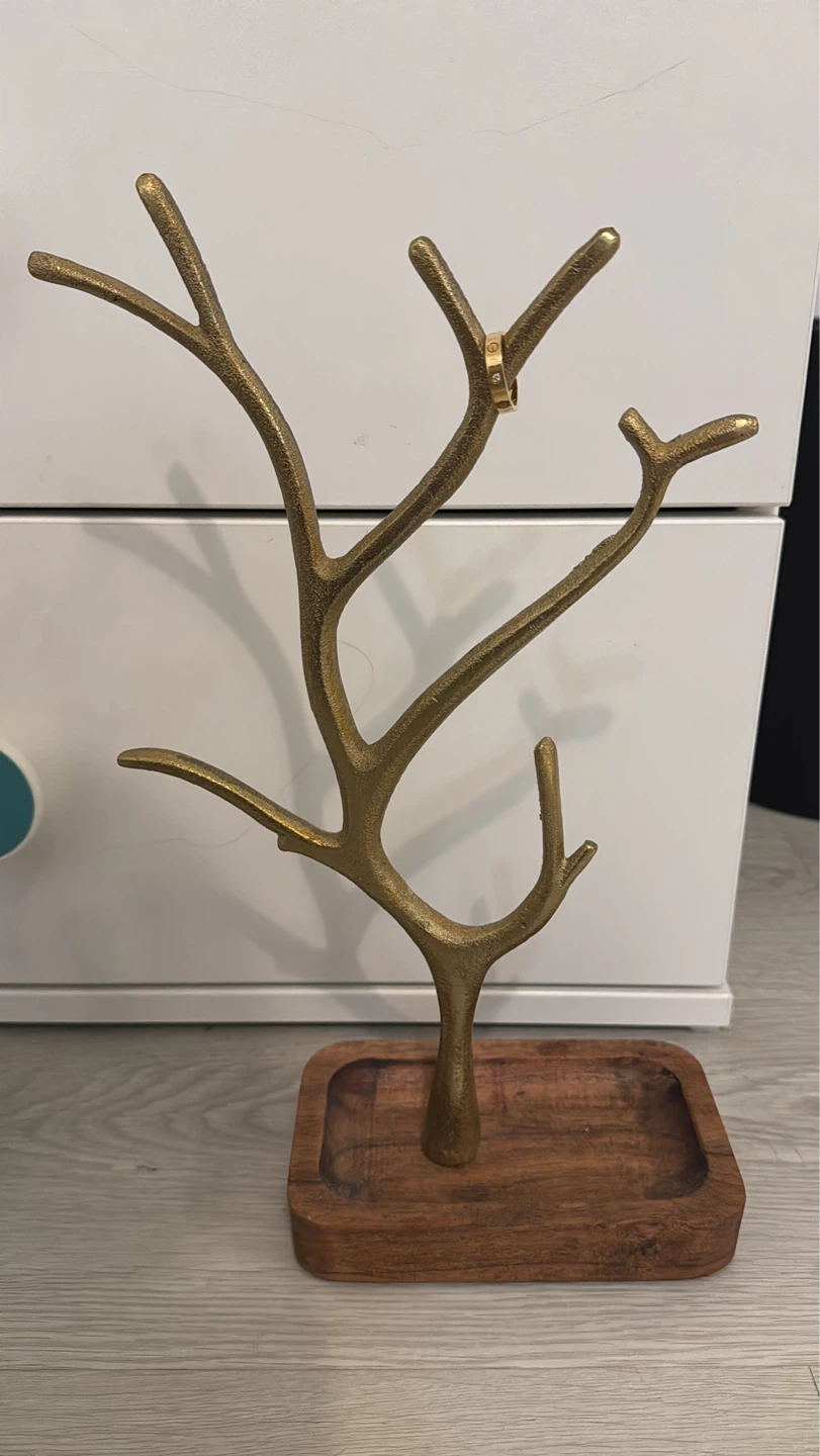 Gold Tree Jewelry Stand with Wooden Tray