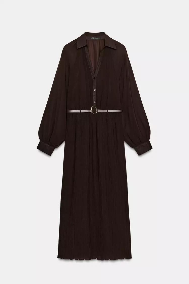Zara Pleated Belted Midi Dress - Brown