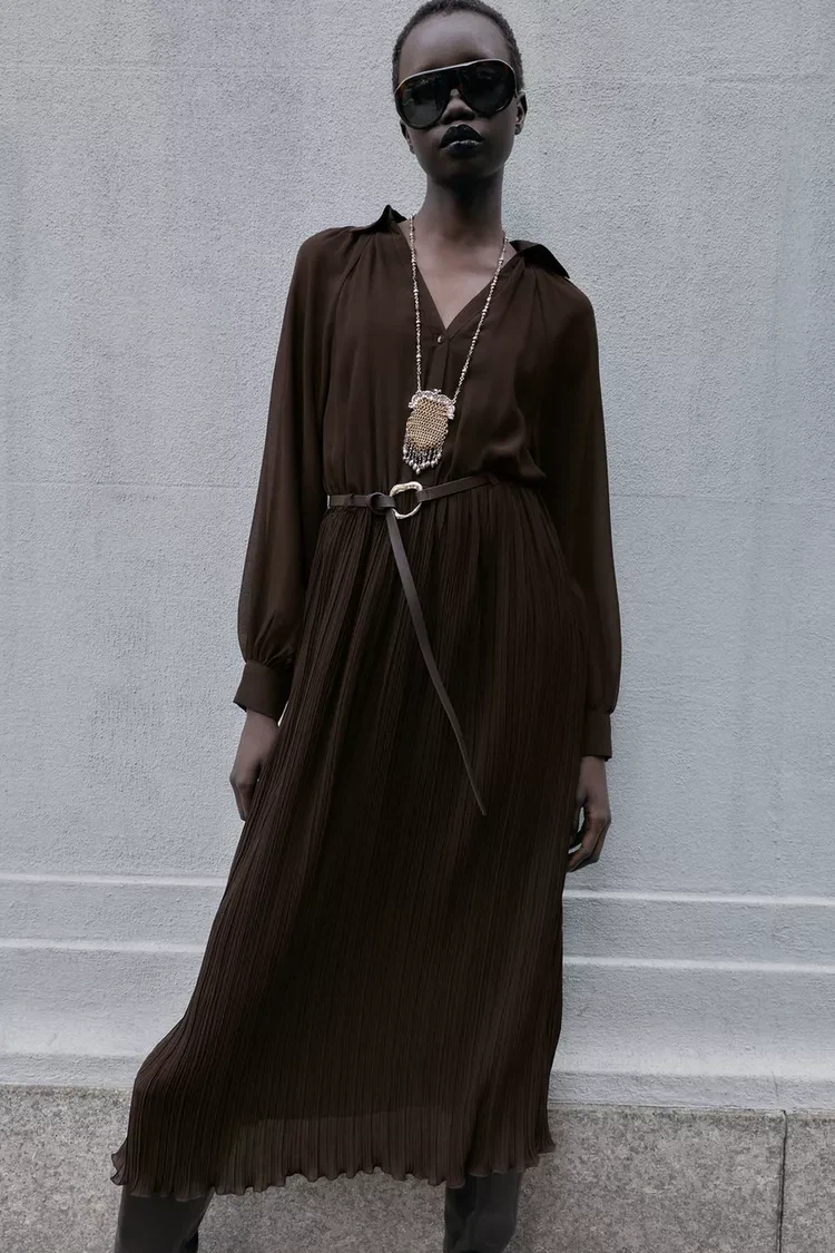 Zara Pleated Belted Midi Dress - Brown - photo 2