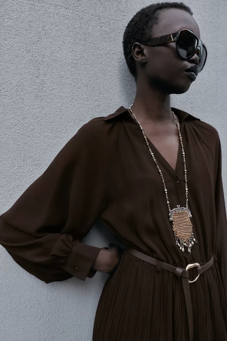 Zara Pleated Belted Midi Dress - Brown - photo 3
