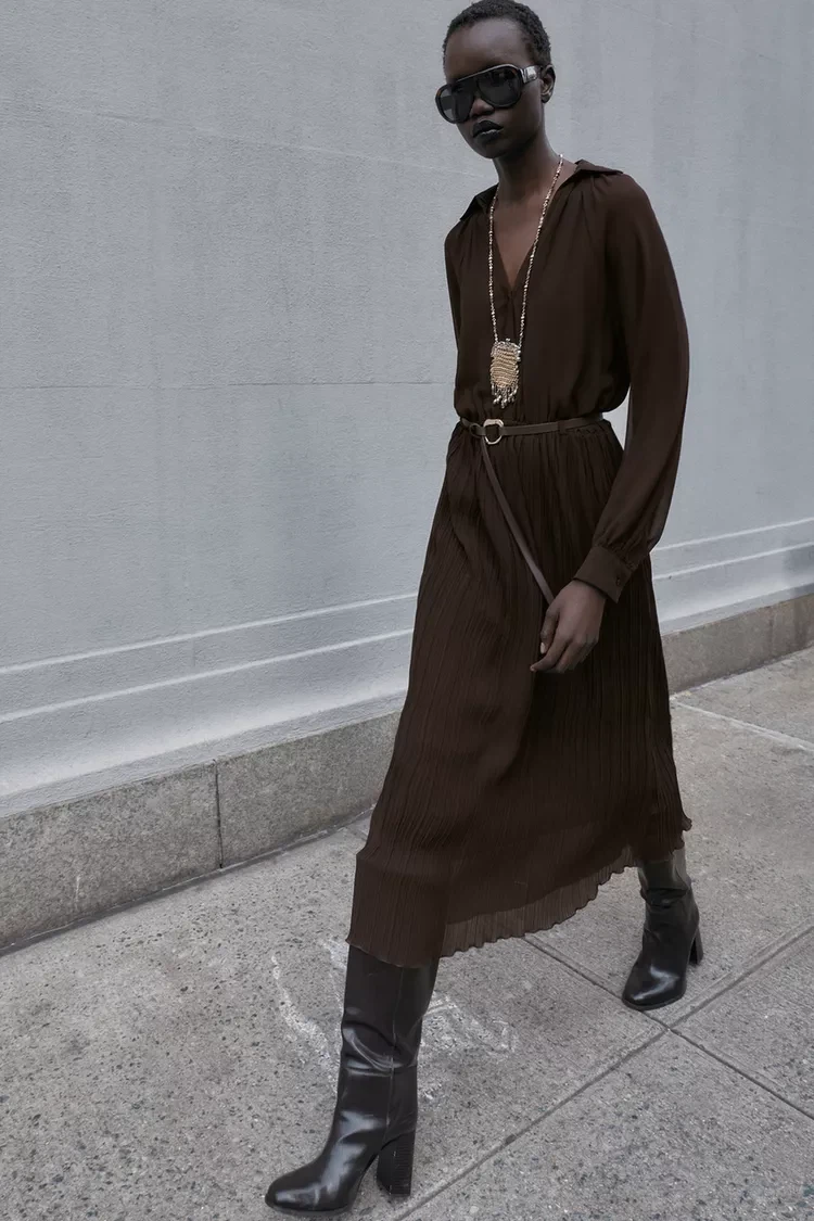 Zara Pleated Belted Midi Dress - Brown - photo 4