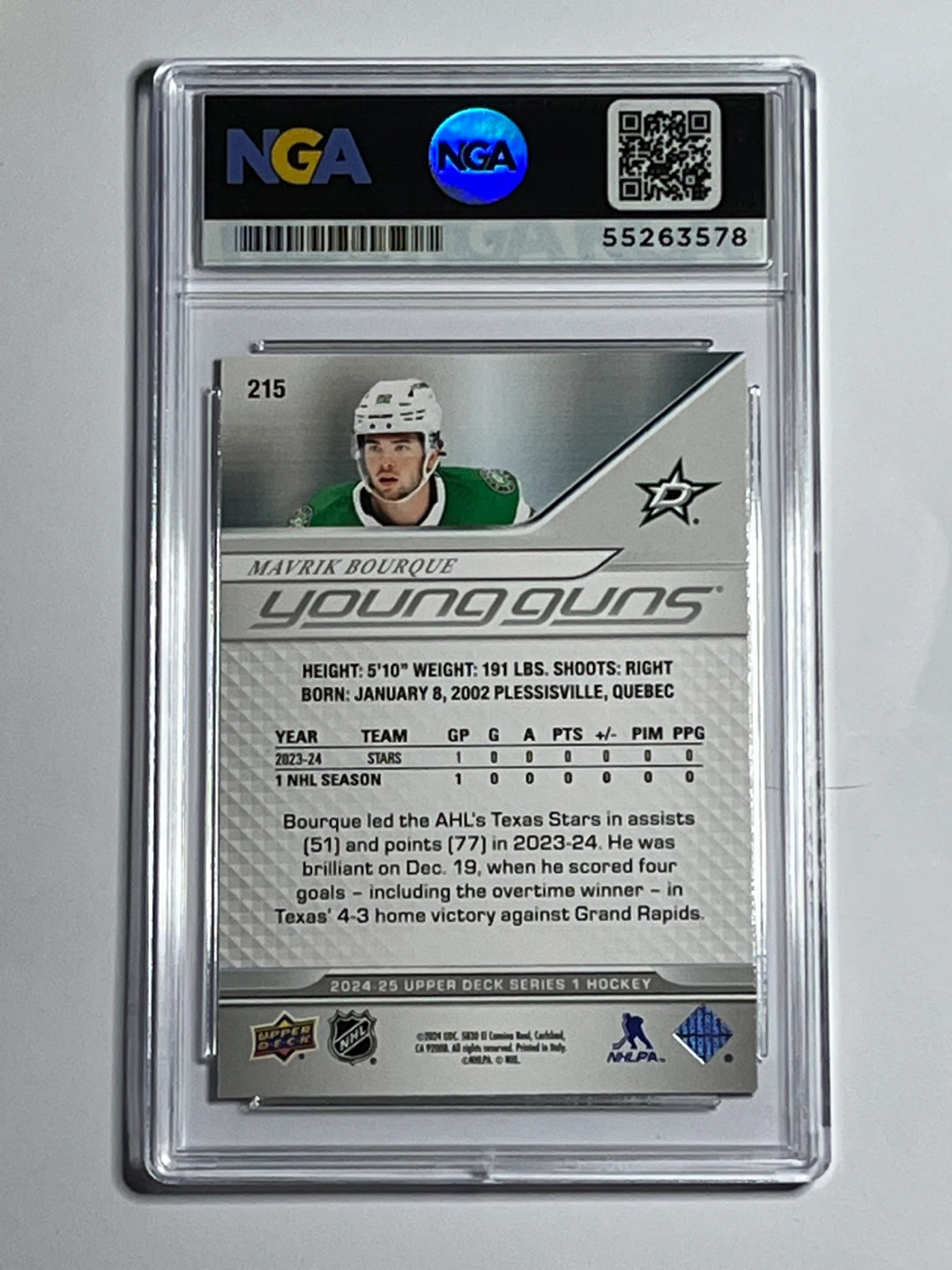 2024 Upper Deck Mavrik Bourque Young Guns Card #215 GEM MT 10 - photo 2