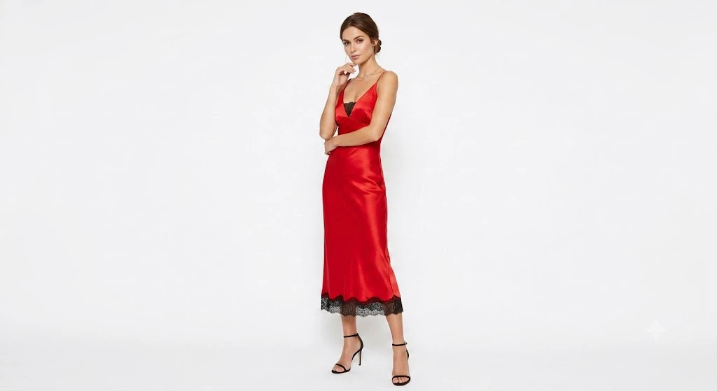 Red Satin Slip Dress with Black Lace Trim - Size M
