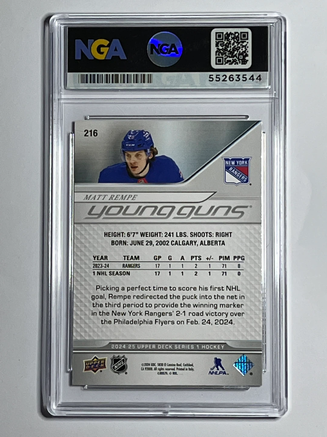 2024 Upper Deck Matt Rempe Young Guns Rookie Card #216 GEM MT 10 - photo 2