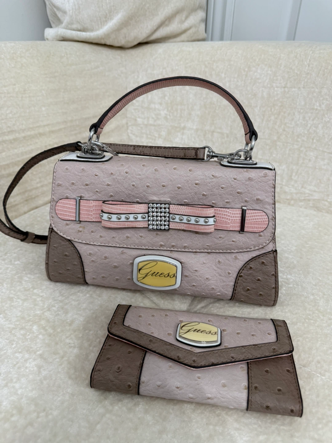 Guess Purse and Wallet Set - Pink Ostrich Embossed