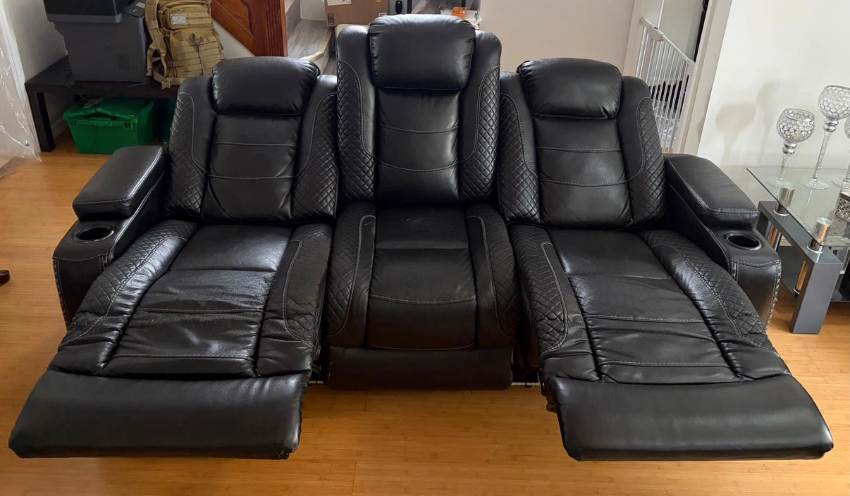 Black Leather 3-Seat Reclining Loveseat with Cup Holders