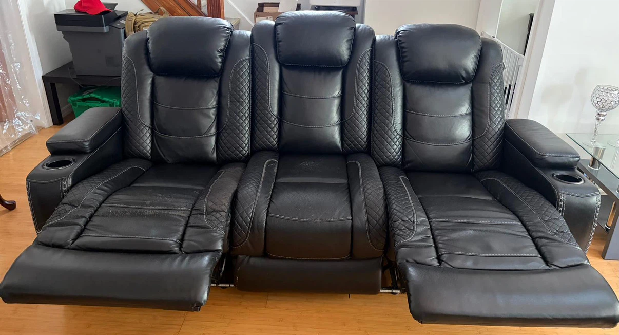 Black Leather 3-Seat Reclining Loveseat with Cup Holders - photo 2