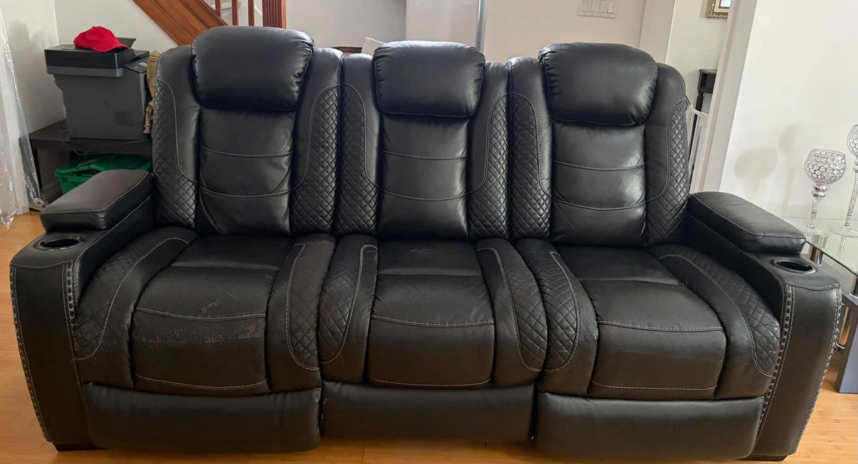 Black Leather 3-Seat Reclining Loveseat with Cup Holders - photo 4