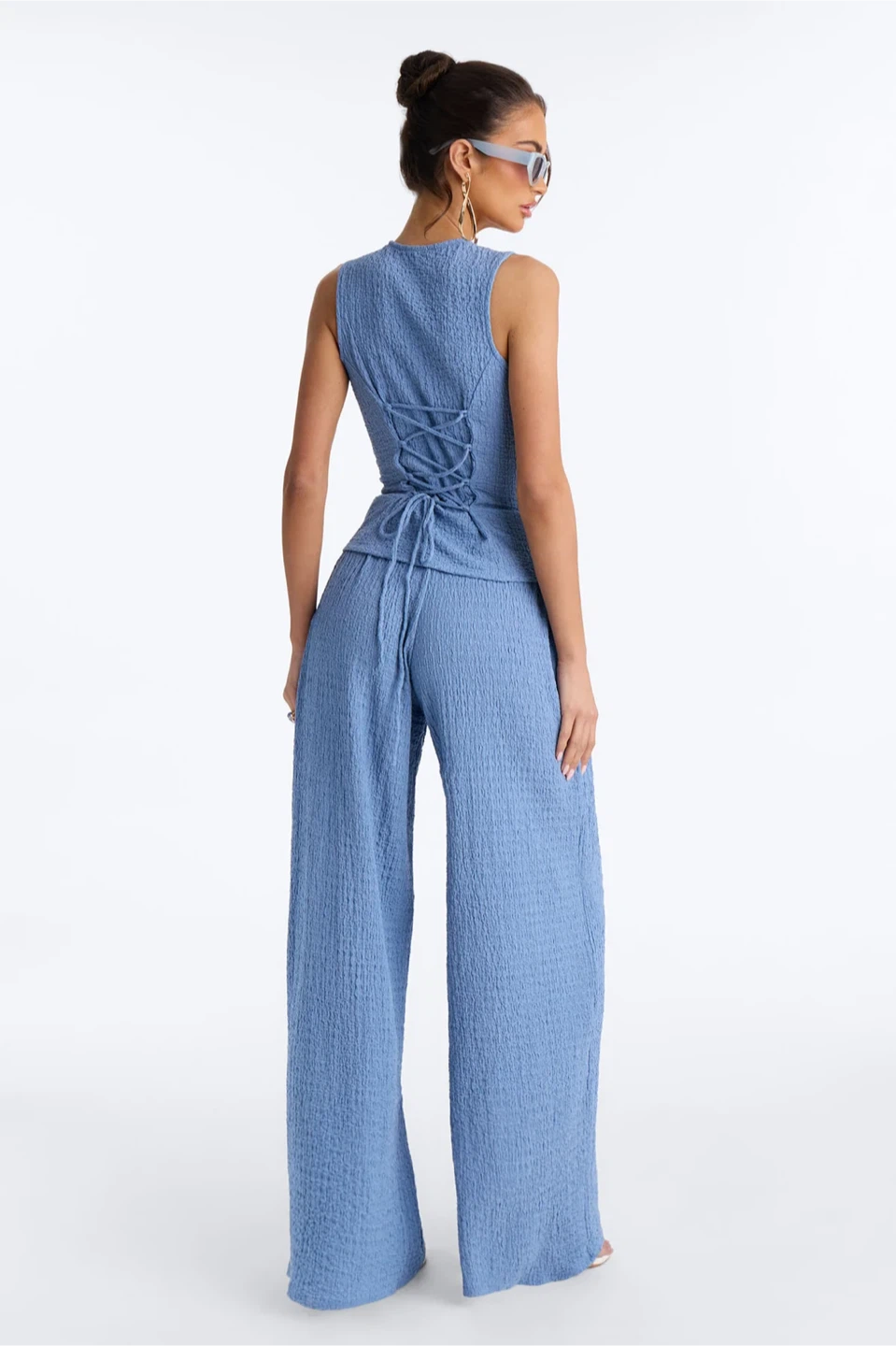 Blue Textured Wide Leg Pants - photo 2