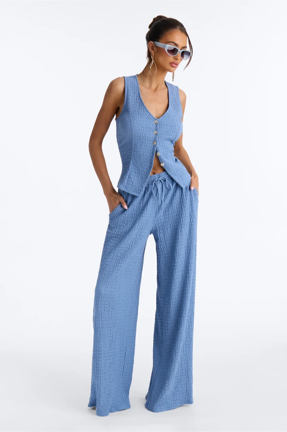 Blue Textured Wide Leg Pants - photo 3