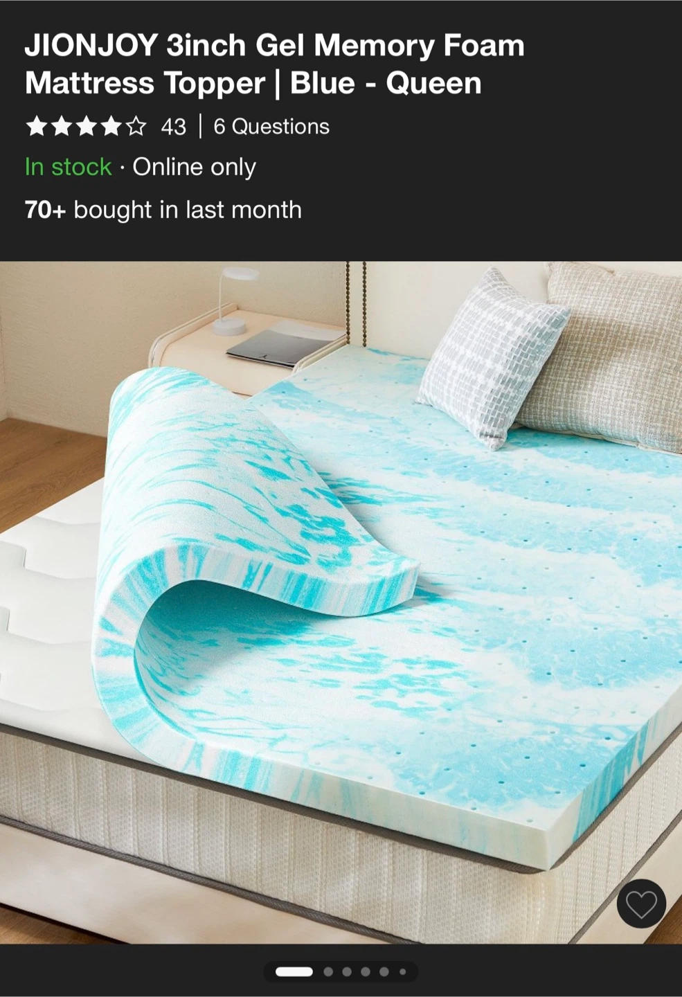 JIONJOY 3inch Gel Memory Foam Queen Mattress Topper - Blue