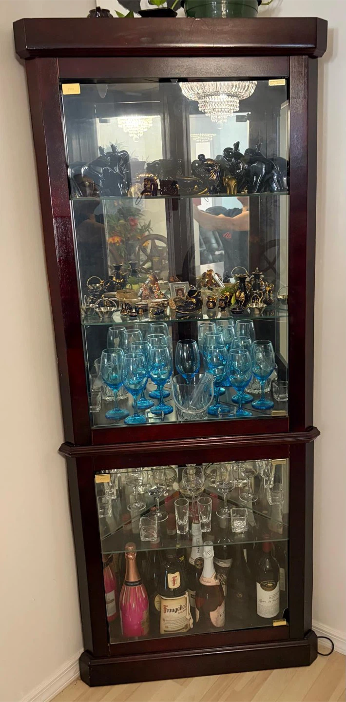 Dark Wood Corner Curio Cabinet with Glass Shelves