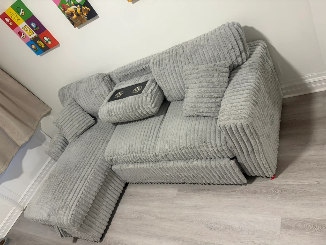 Grey Corduroy Sectional Sofa with Cup Holders