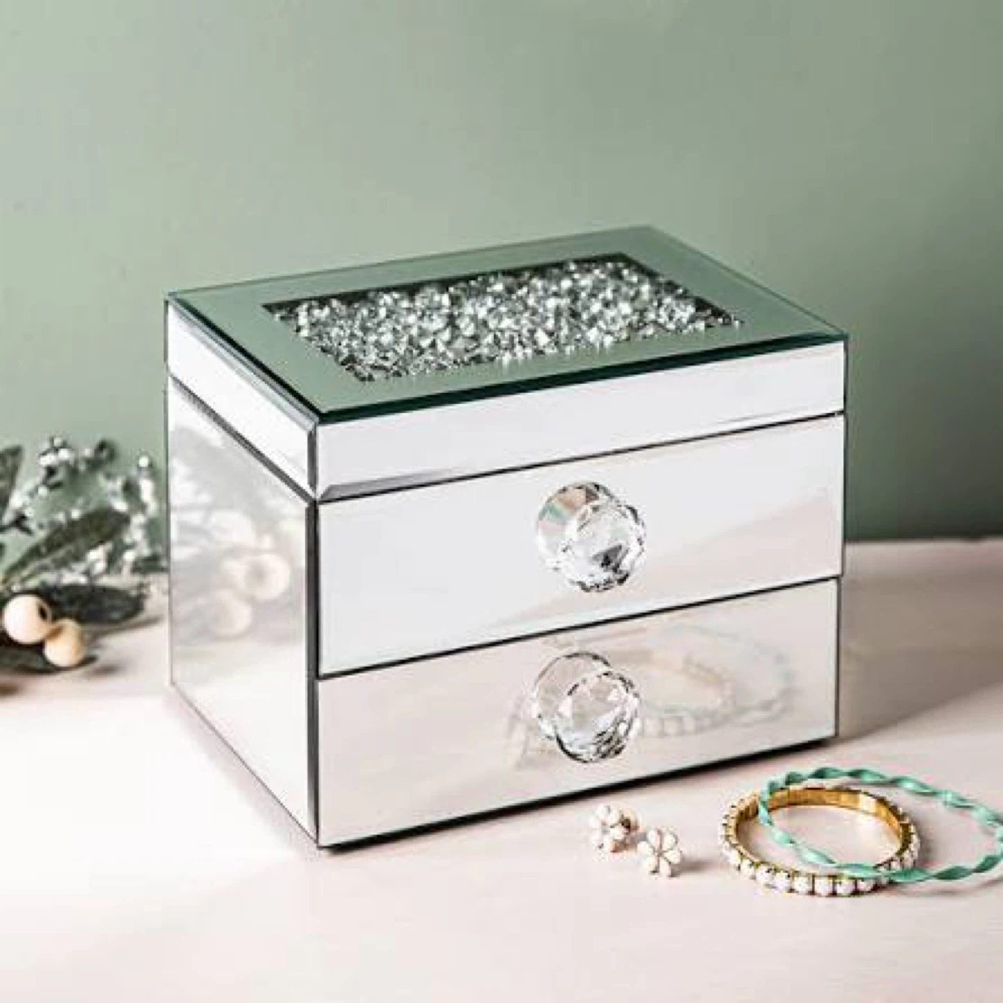 Mirrored Jewelry Box with Crystal Accents