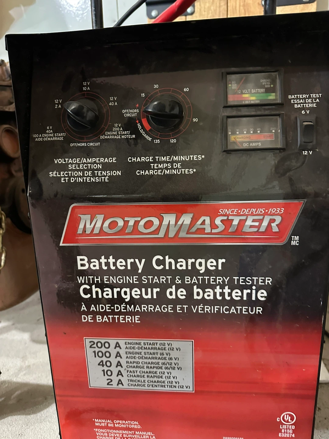 Motomaster Battery Charger with Engine Start & Battery Tester