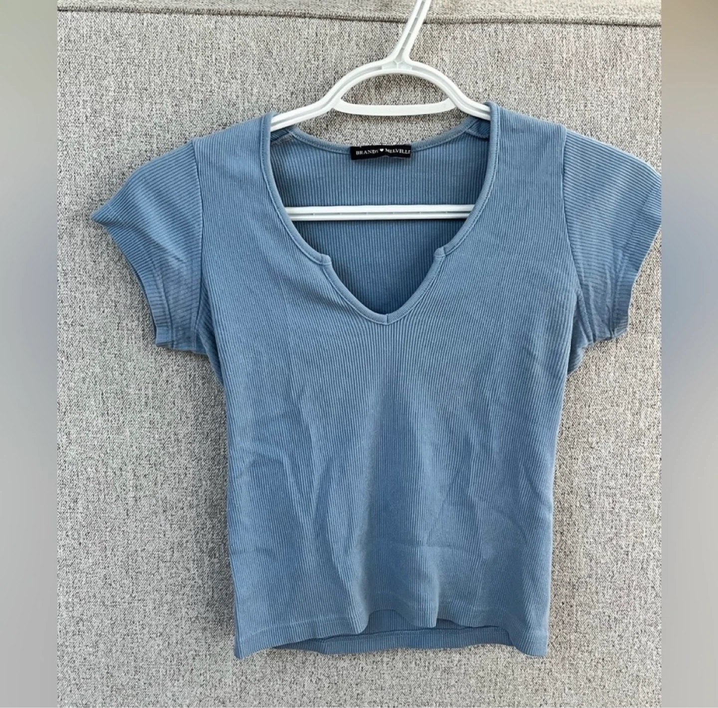 Brandy Melville Blue Ribbed V-Neck T-Shirt