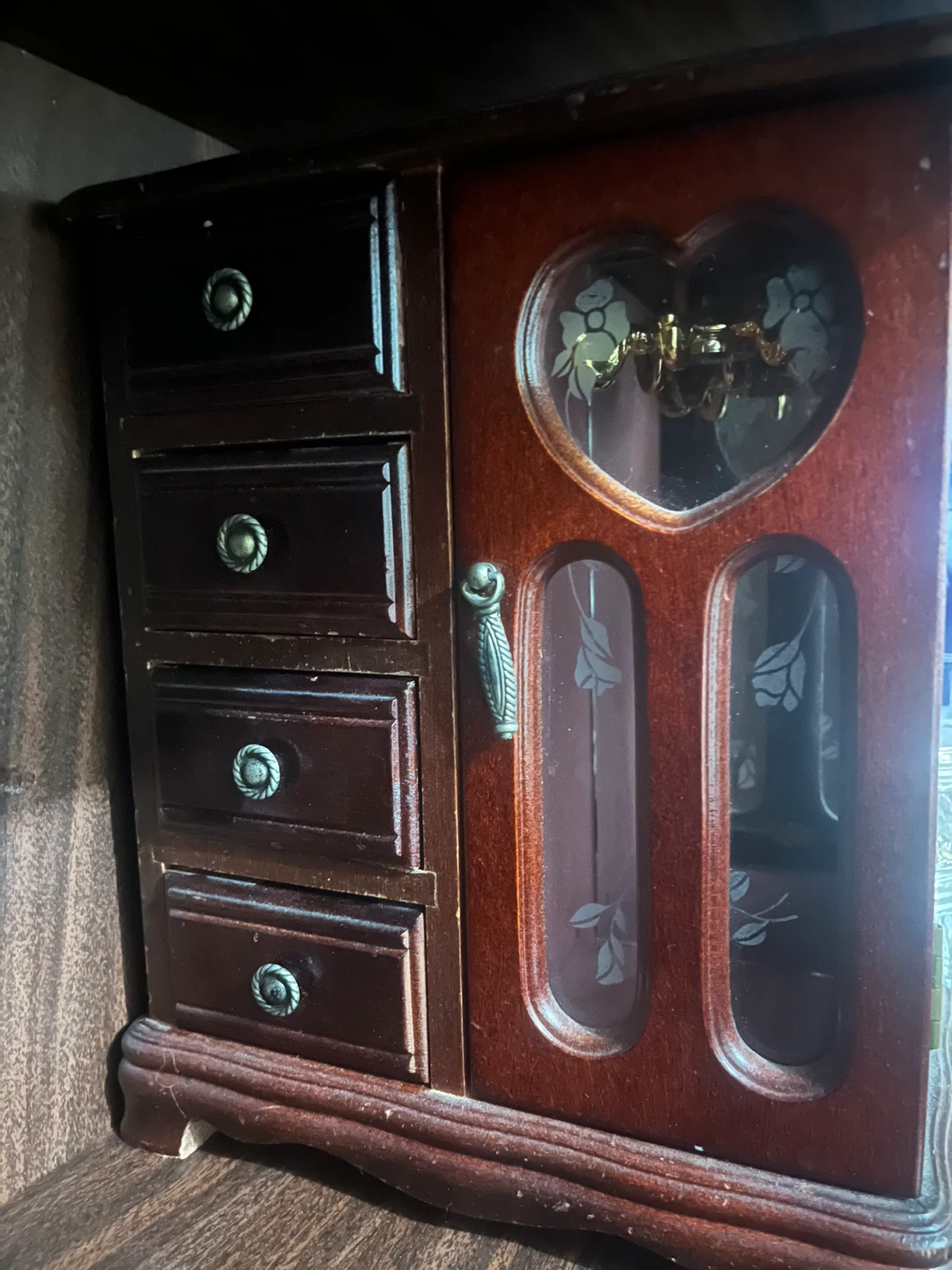 Wooden Jewelry Box with Drawers and Mirrored Door