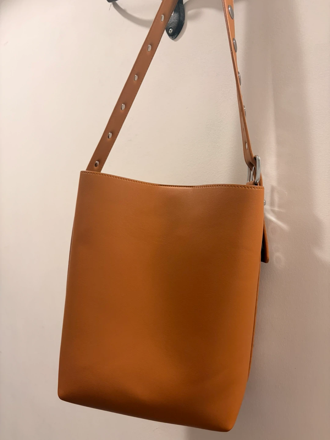 Tan Faux Leather Bucket Bag with Studs