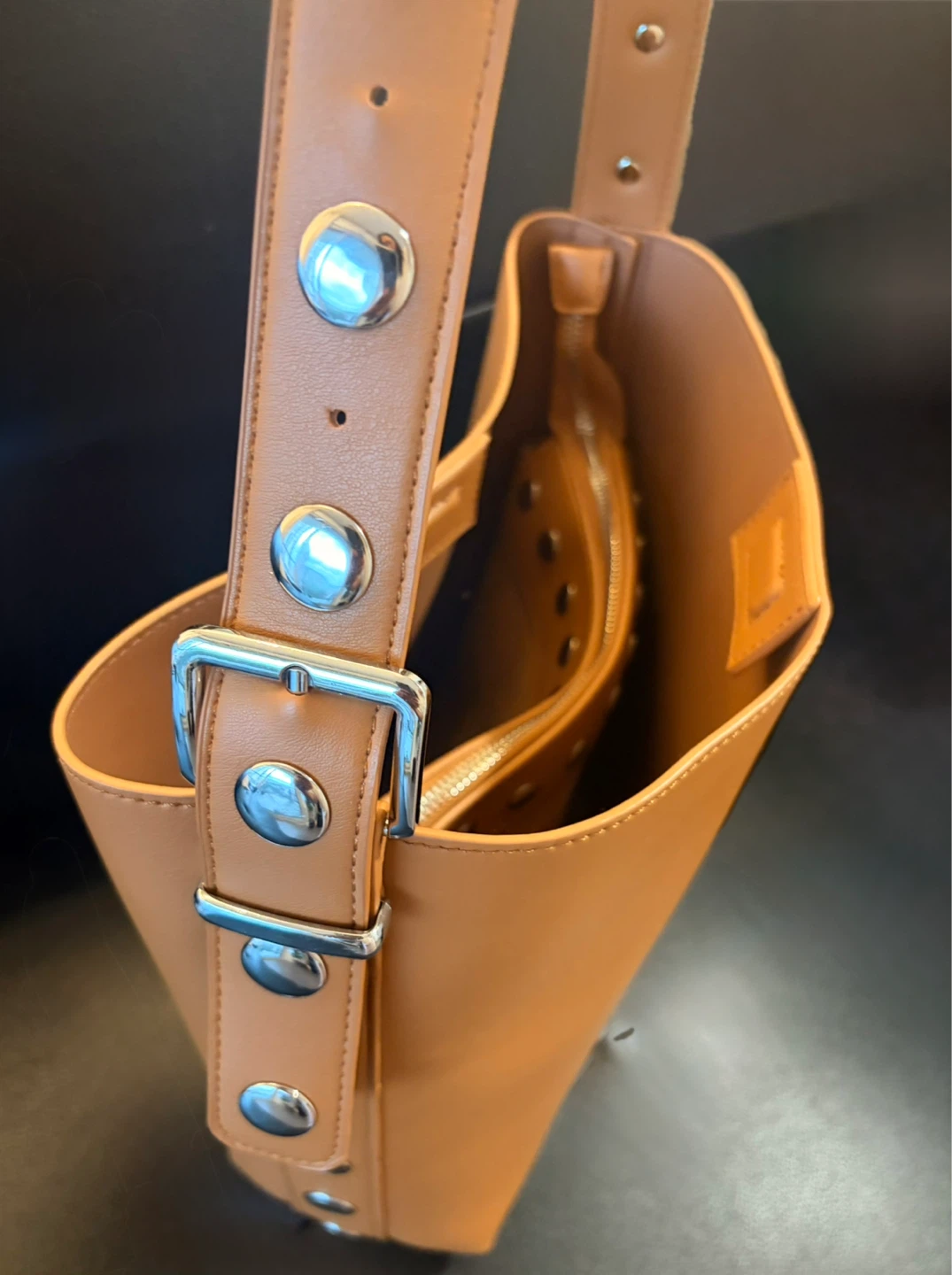 Tan Faux Leather Bucket Bag with Studs - photo 3